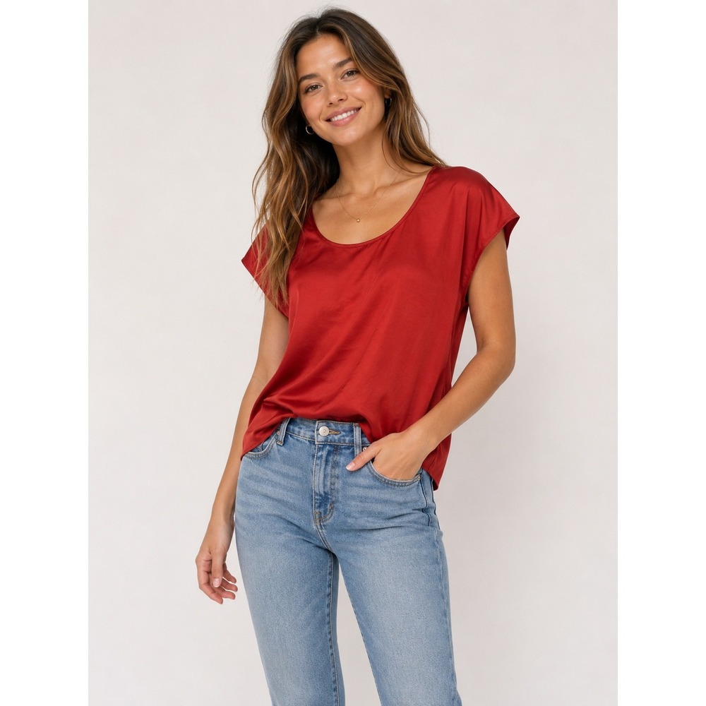 Eileen Fisher Blouse Womens XS Red Satin Scoop Neck Cap Sleeve‎ Basic Top
